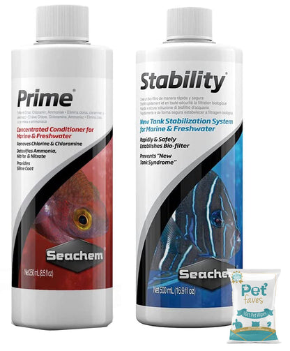 Prime Fresh and Saltwater Conditioner 500ml Stability Fish Tank Stabilizer 500ml and 10ct Pet Wipes (Prime & Stability)