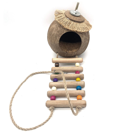 kuminamoja Coconut Shell Bird Nest Hut with Ladder for Parrots Parakeet Conures Cockatiel Small Animals Rats Hamster House Pet Cage Habitats Decor(Small)