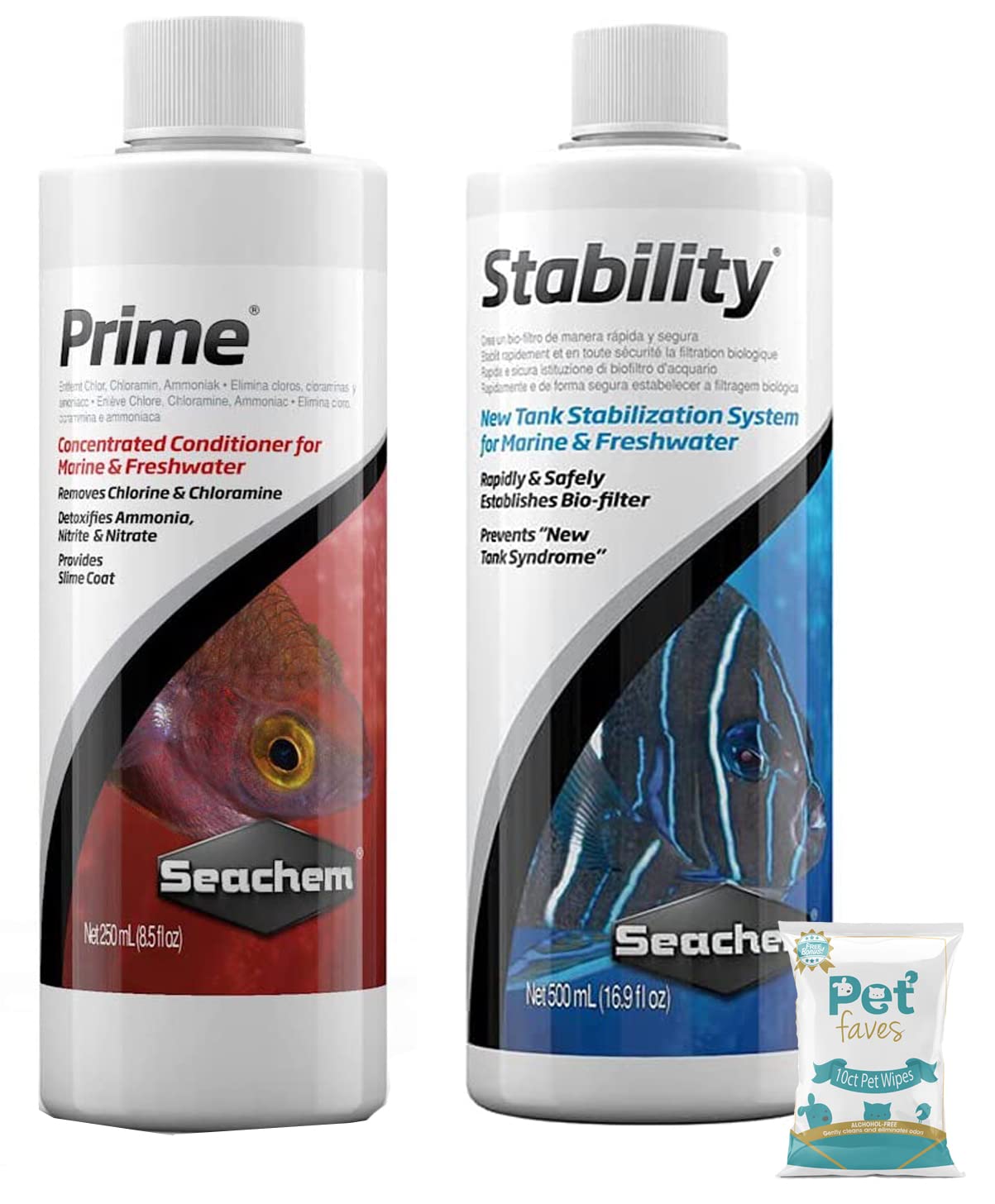 Prime Fresh and Saltwater Conditioner 500ml Stability Fish Tank Stabilizer 500ml and 10ct Pet Wipes (Prime & Stability)